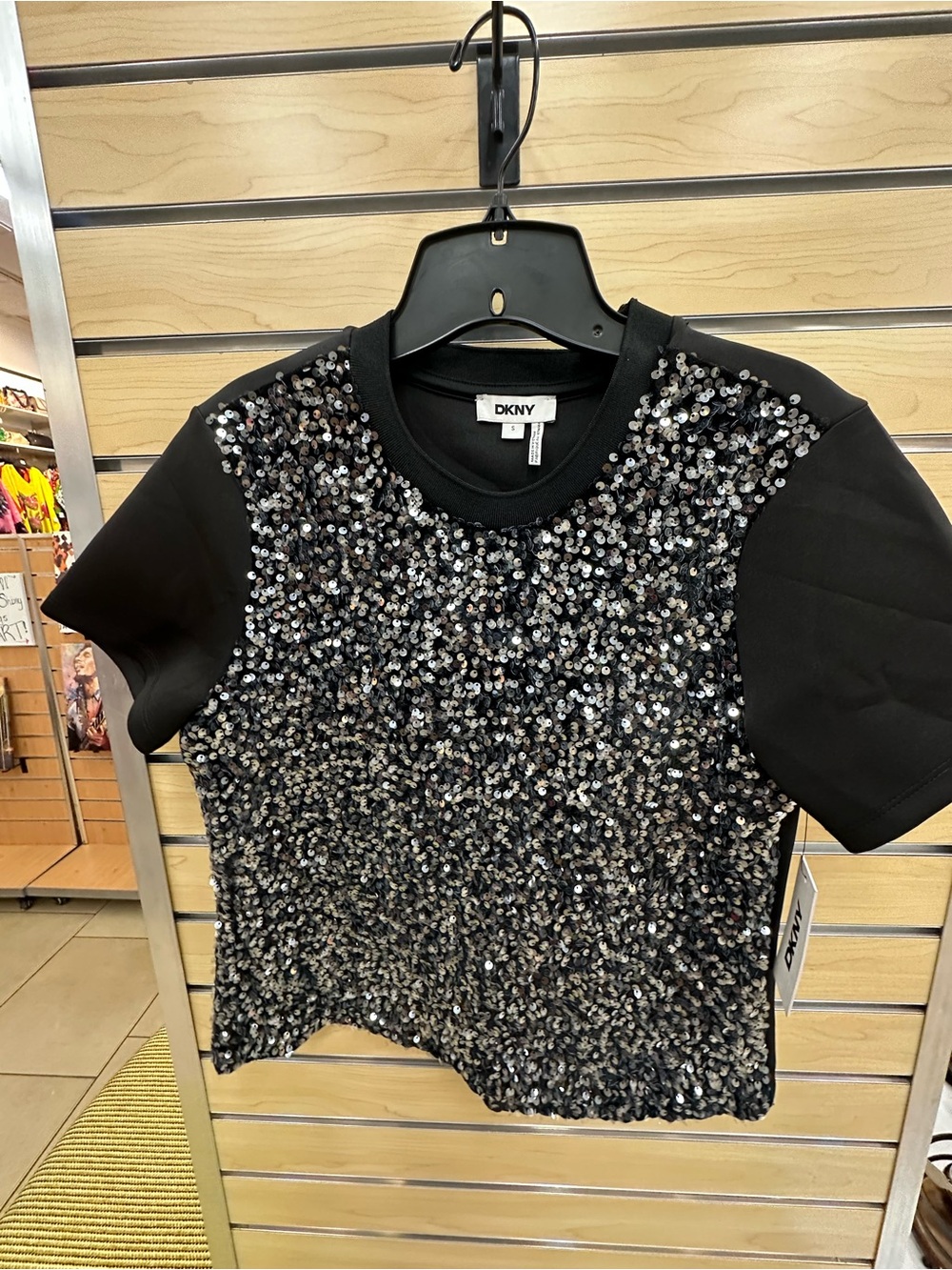 DKNY Black Sequin Front Short Sleeve Top